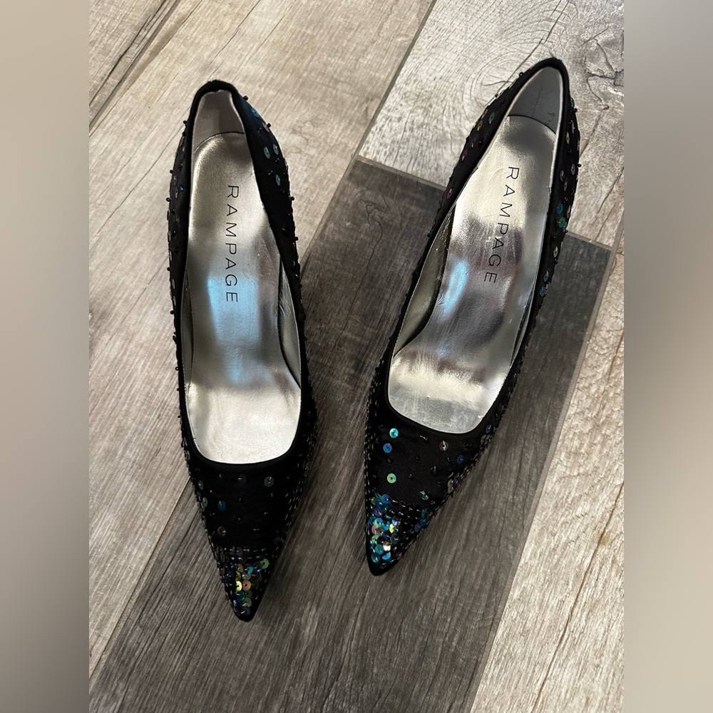 NWOT Rampage Gorgeous Black with Multicolor Sequin High Heel Pointed Shoes - Picture 11 of 17